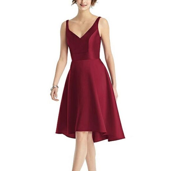 NWT Alfred Sung Burgundy‎ Sateen Twill V-Neck Hi Low Dress Size 0 - Picture 1 of 9